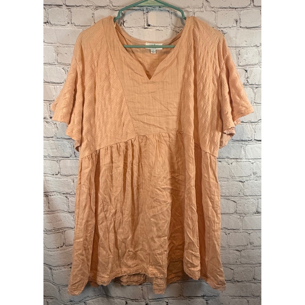 Umgee USA Women's Pink Textured Babydoll Tunic Top‎ Ruffle Short Sleeve L